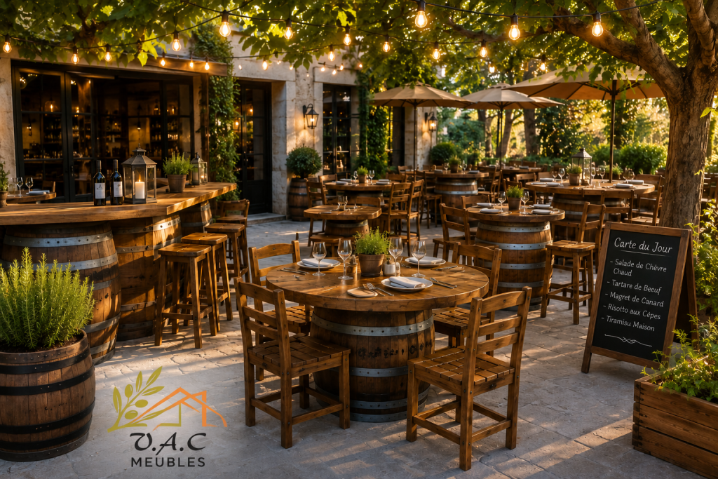 Terrasse de restaurant avec des meubles en bois massif vac meubles Terrasse de restaurant optimisée par VAC meubles