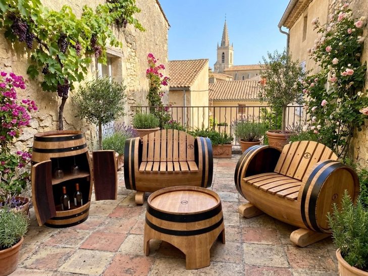 Meubles en bois de tonneaux recyclés, salon de jardin 