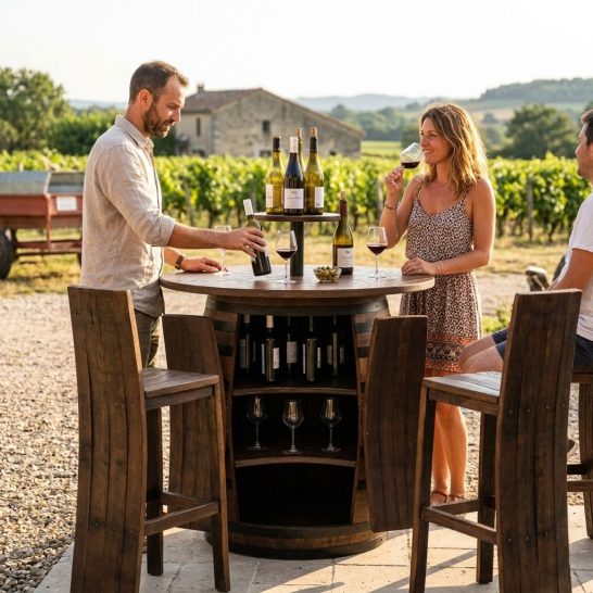 Cave à Vin tonneau avec réhausse centrale en bois massif 